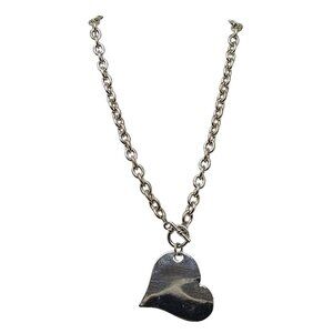 Silver Tone Heart Pendant Necklace With Chunky Chain Adjustable Length